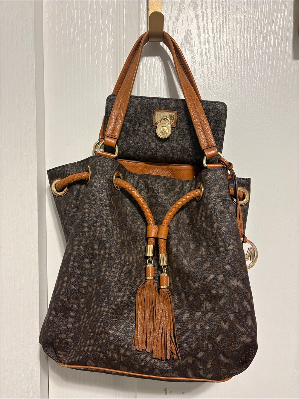 Michael Kors Brown and Tan Logo Drawstring Shoulder Bag